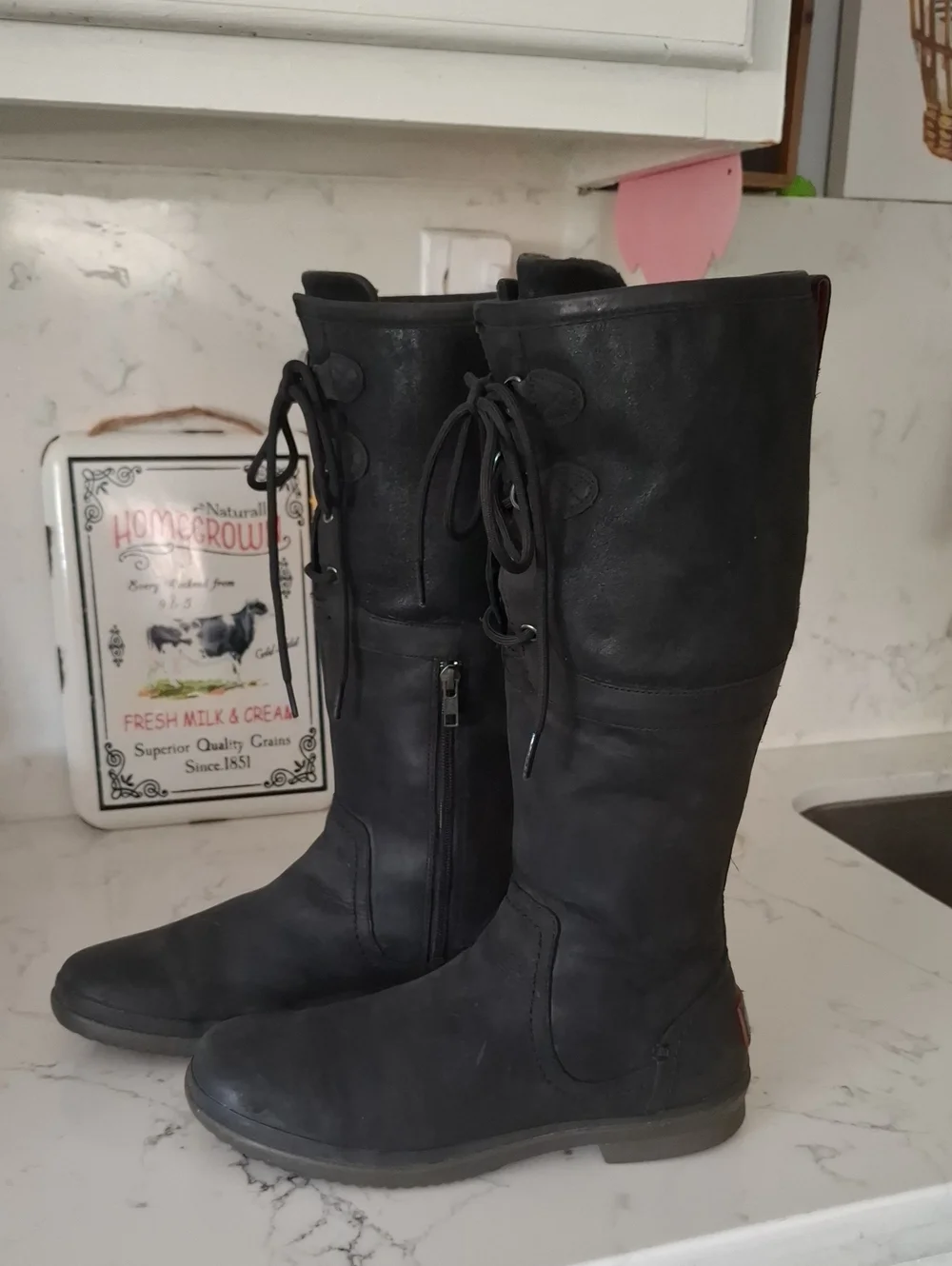 UGG Waterproof  Womens Black Lace-Up Mid-Calf Boots with Side Zippers